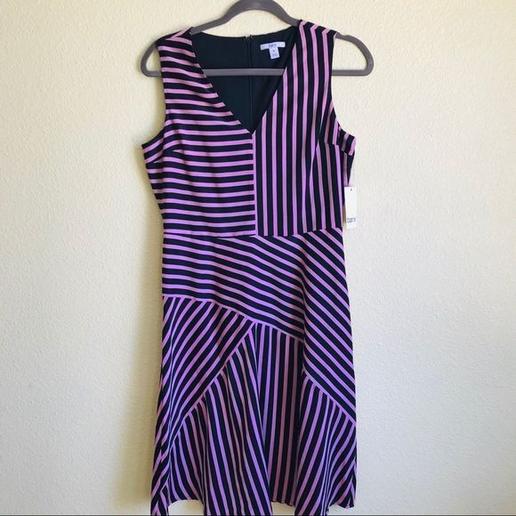 NWT BAR III Women Pink/Black V Neck Fit and Flare Stripe Dress Medium - Picture 2 of 8